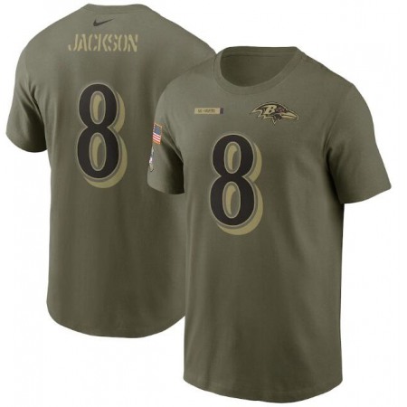 Men's Baltimore Ravens #8 Lamar Jackson 2021 Olive Salute To Service Legend Performance T-Shirt