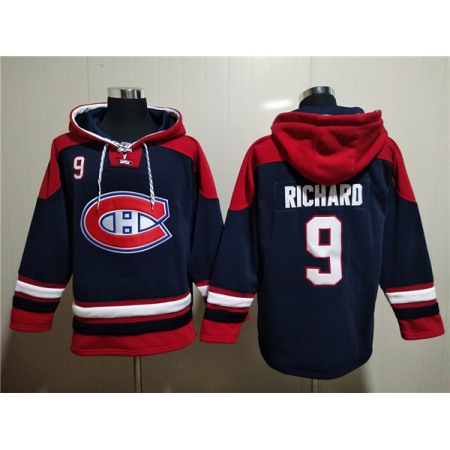 Men's Montreal Canadiens #9 Maurice Richard Navy/Red Lace-Up Pullover Hoodie