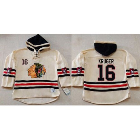 Blackhawks #16 Marcus Kruger Cream Heavyweight Pullover Hoodie Stitched NHL Jersey