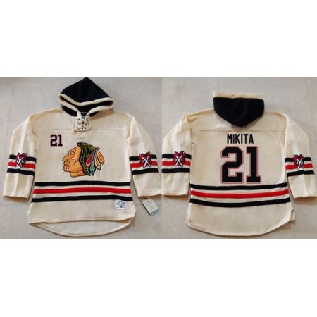 Blackhawks #21 Stan Mikita Cream Heavyweight Pullover Hoodie Stitched NHL Jersey