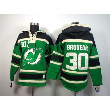 Devils #30 Martin Brodeur Green St. Patrick's Day McNary Lace Hoodie Stitched NHL Jersey
