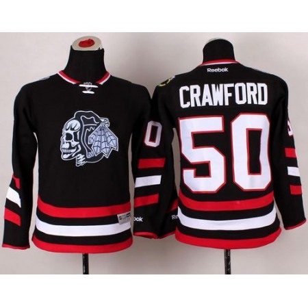 Blackhawks #50 Corey Crawford Black(White Skull) 2014 Stadium Series Stitched Youth NHL Jersey
