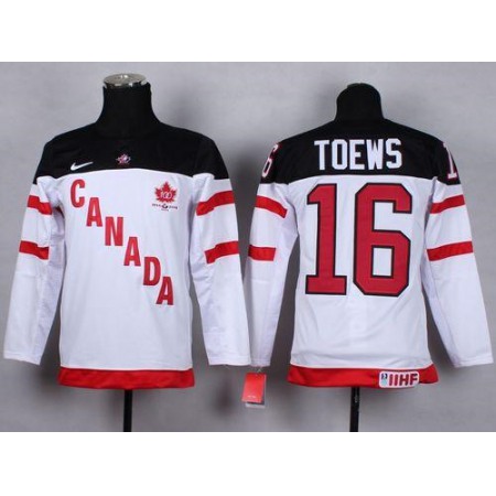 Team Canada #16 Jonathan Toews White 100th Anniversary Stitched Youth NHL Jersey