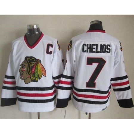 Blackhawks #7 Chris Chelios White CCM Throwback Stitched NHL Jersey
