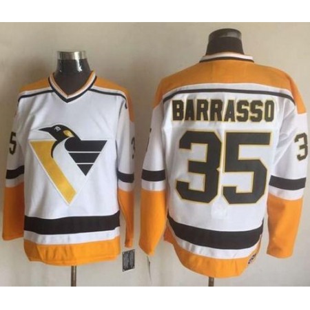 Penguins #35 Tom Barrasso White/Yellow CCM Throwback Stitched NHL Jersey