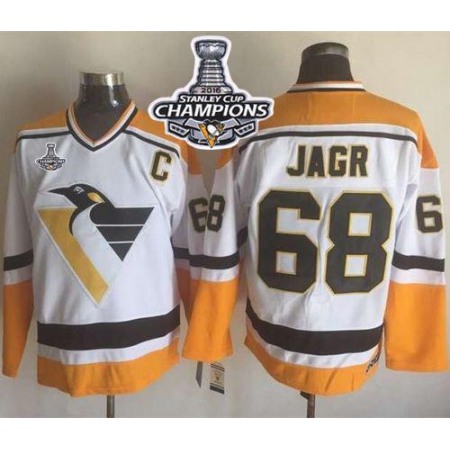 Penguins #68 Jaromir Jagr White/Yellow CCM Throwback 2016 Stanley Cup Champions Stitched NHL Jersey