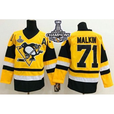 Penguins #71 Evgeni Malkin Yellow Throwback 2016 Stanley Cup Champions Stitched NHL Jersey