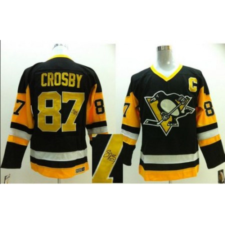 Penguins #87 Sidney Crosby Black CCM Throwback Autographed Stitched NHL Jersey