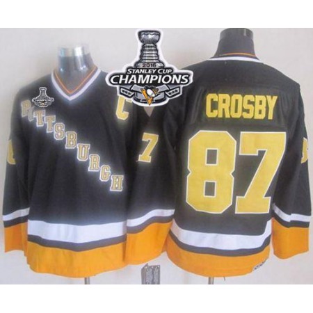 Penguins #87 Sidney Crosby Black/Yellow CCM Throwback 2016 Stanley Cup Champions Stitched NHL Jersey
