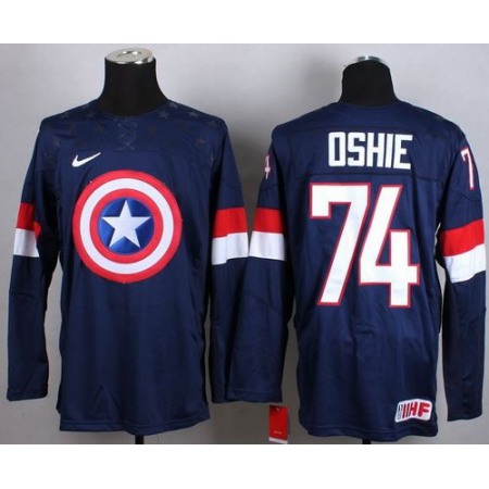 Olympic Team USA #74 T. J. Oshie Navy Blue Captain America Fashion Stitched NHL Jersey
