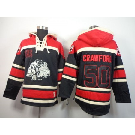 Blackhawks #50 Corey Crawford Black Sawyer Hooded Sweatshirt Stitched NHL Jersey