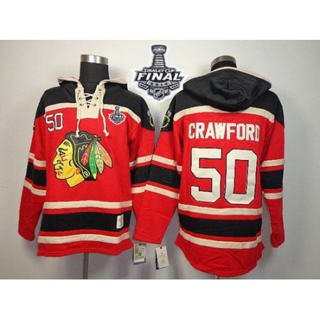 Blackhawks #50 Corey Crawford Red Sawyer Hooded Sweatshirt 2015 Stanley Cup Stitched NHL Jersey