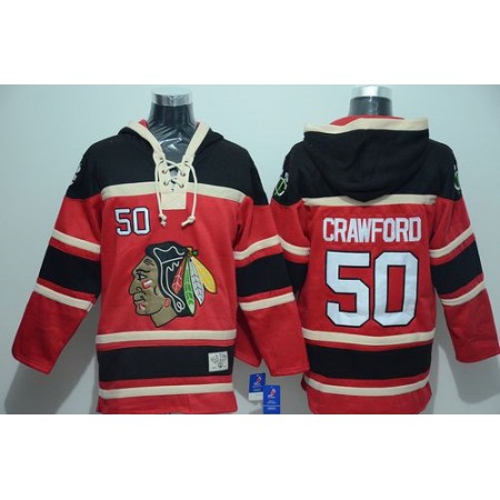 Blackhawks #50 Corey Crawford Red Sawyer Hooded Sweatshirt Stitched NHL Jersey