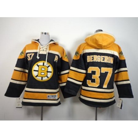 Bruins #37 Patrice Bergeron Black Sawyer Hooded Sweatshirt Stitched Youth NHL Jersey