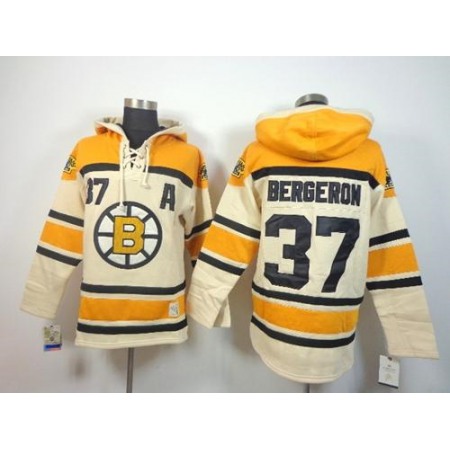 Bruins #37 Patrice Bergeron Cream Sawyer Hooded Sweatshirt Stitched NHL Jersey