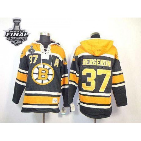 Bruins Stanley Cup Finals Patch #37 Patrice Bergeron Black Sawyer Hooded Sweatshirt Stitched NHL Jersey