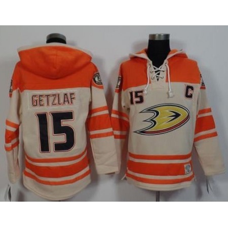Ducks #15 Ryan Getzlaf Cream/Orange Sawyer Hooded Sweatshirt Stitched NHL Jersey