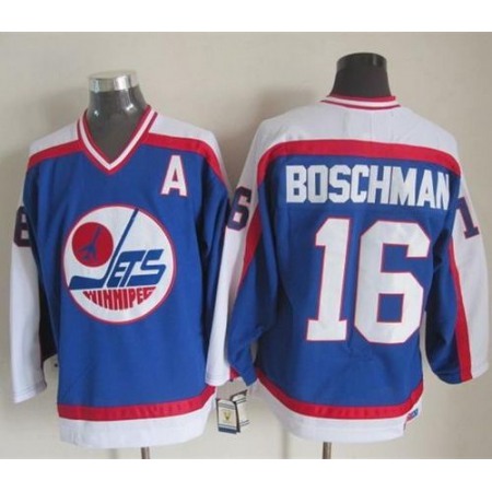 Jets #16 Laurie Boschman Blue/White CCM Throwback Stitched NHL Jersey