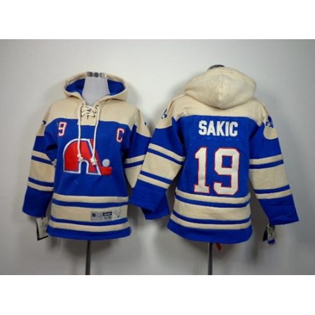 Nordiques #19 Joe Sakic Blue Sawyer Hooded Sweatshirt Stitched Youth NHL Jersey
