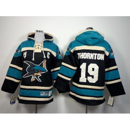 Sharks #19 Joe Thornton Black Sawyer Hooded Sweatshirt Stitched Youth NHL Jersey