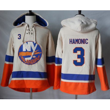 Islanders #3 Travis Hamonic Cream Sawyer Hooded Sweatshirt Stitched NHL Jersey