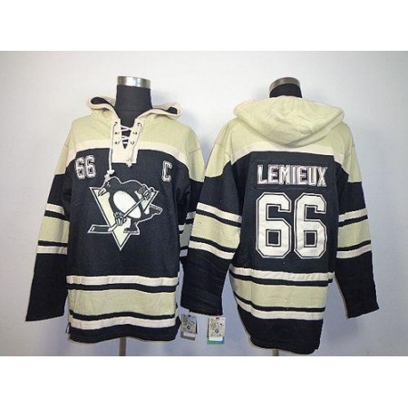 Penguins #66 Mario Lemieux Black Sawyer Hooded Sweatshirt Stitched NHL Jersey