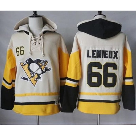 Penguins #66 Mario Lemieux Cream/Gold Sawyer Hooded Sweatshirt Stitched NHL Jersey