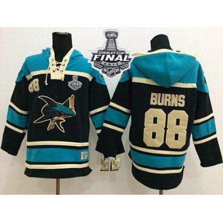 Sharks #88 Brent Burns Black Sawyer Hooded Sweatshirt 2016 Stanley Cup Final Patch Stitched NHL Jersey