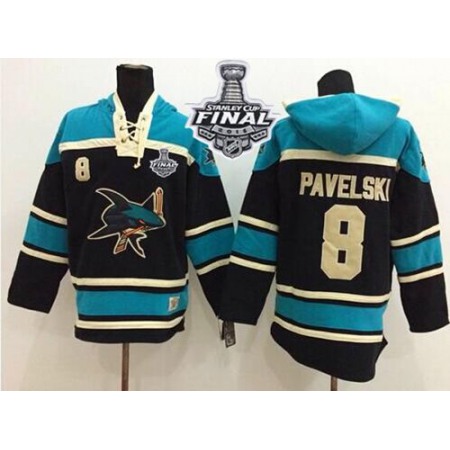 Sharks #8 Joe Pavelski Black Sawyer Hooded Sweatshirt 2016 Stanley Cup Final Patch Stitched NHL Jersey