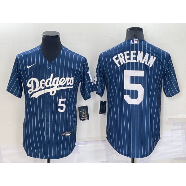 Men's Los Angeles Dodgers 5 Freddie Freeman Number Navy Blue Pinstripe